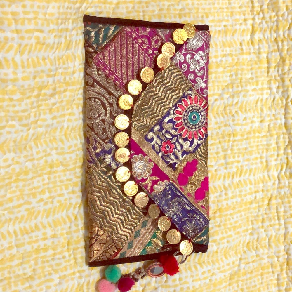 Indian hand embroidered and coin work clutch bag